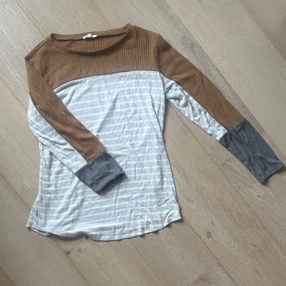 Striped Long Sleeve Top with Brown and Gray Accents